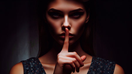Portrait of beautiful young woman with fingers on lips, isolated on black backgroundの素材