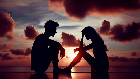 Silhouette of man and woman sitting on the beach at sunsetの素材