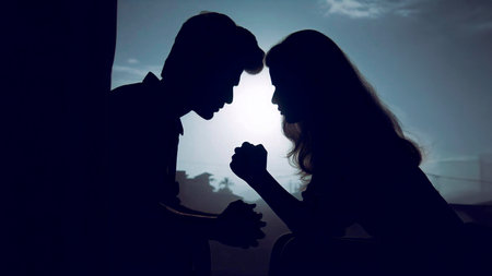 Silhouette of a man and a woman in love at nightの素材