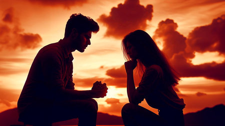 Young couple sitting on the beach and looking at each other at sunsetの素材