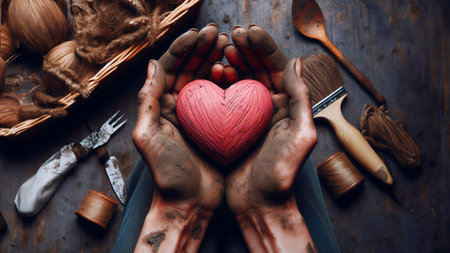 Hands of a woman holding a red heart on a wooden backgroundの素材