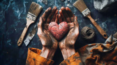 Hands holding a red heart on the background of tools and materialsの素材