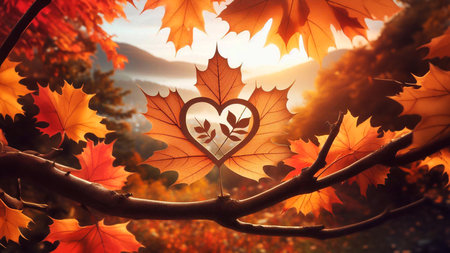 Autumn leaves with heart shape on nature background. Fall season.の素材