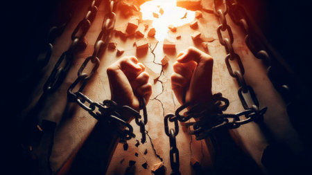 Hands of a man tied up in chains. The concept of freedom and justice.の素材