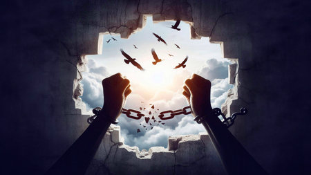 Conceptual image of human hands chained together as symbol of freedomの素材