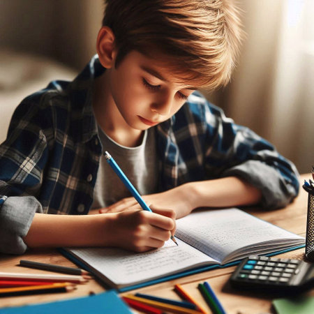 Boy doing homework at home. Cute boy doing his homework at homeの素材