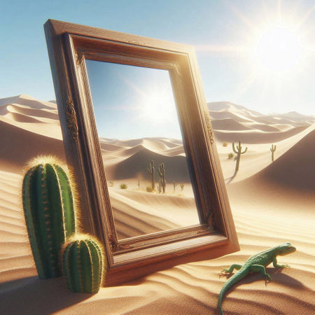 photo frame in the desert with cacti and sand dunesの素材