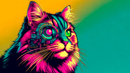 Cat with a camera on his head. Colorful background. Vector illustration.の素材