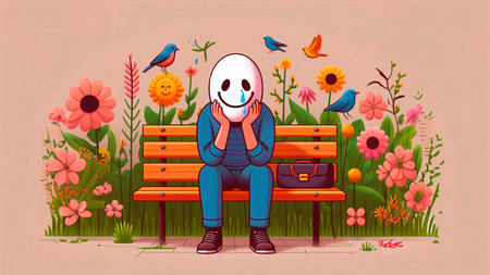 Sad sad man sitting on a bench in the park. Vector illustrationの素材