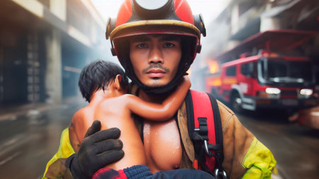 Firefighter fighting a fire in an emergency situation. Firefighters fighting a fire.の素材
