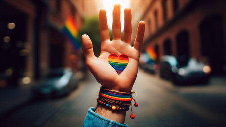 Young woman with rainbow heart on her hand. LGBT pride concept.の素材