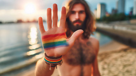 Handsome bearded man with a rainbow flag on his hand.の素材