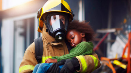 Portrait of a female firefighter in uniform and helmet with a black woman.の素材