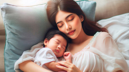 Beautiful asian mother and her little daughter sleeping on bed at homeの素材