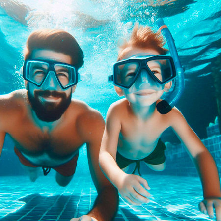 Father and son snorkeling underwater in swimming pool. Family vacation concept.の素材