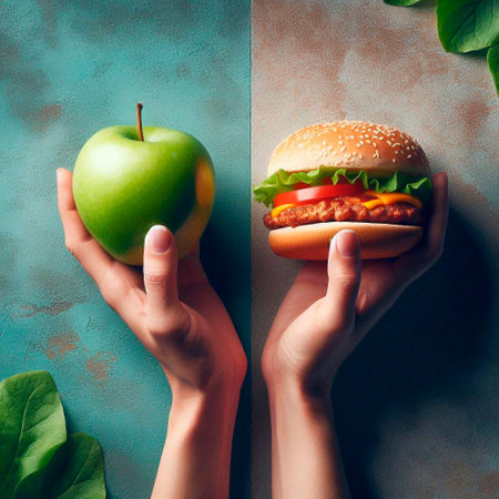 Healthy eating concept. Female hands holding hamburger and green apple. Top viewの素材
