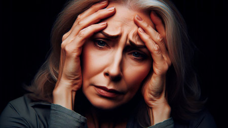 Close-up portrait of a mature woman with headache. Headache concept.の素材