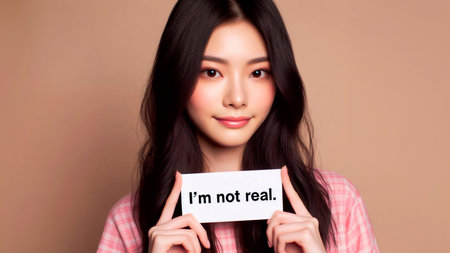 Beautiful young asian woman holding a white card with the word IMPOSSIBLEの素材