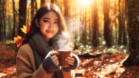Beautiful asian woman holding cup of hot drink in autumn forestの素材