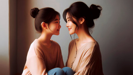 Two young Asian women sitting on the floor and looking at each otherの素材
