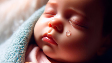 Newborn baby with drops of water on his face, close-upの素材