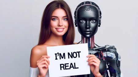 Beautiful young woman holding a poster with text I am not real.の素材