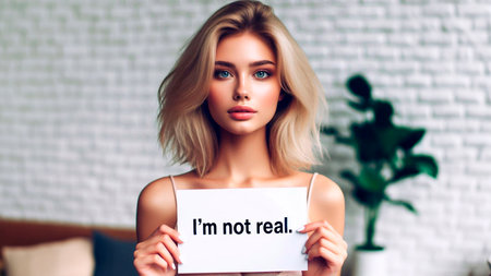 Beautiful young woman holding a sheet of paper with the inscription I am not real.の素材