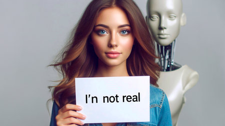 Young beautiful woman with a piece of paper in her hands and a mannequin on a gray backgroundの素材