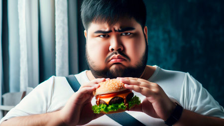 Young man eating hamburger at home. Junk food and unhealthy lifestyle concept.の素材