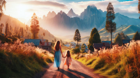 Mother and daughter walking in the mountains at sunset. Traveling with children concept.の素材