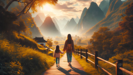Mother and daughter travel in the mountains at sunset. The concept of a happy family.の素材