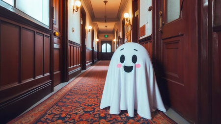 ghost halloween decoration in hotel corridor, halloween conceptの素材
