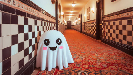 White ghost in the hotel corridor. Halloween concept. Selective focus.の素材