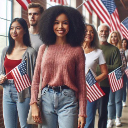 Smiling young African American woman standing in front of group of diverse people with usa flagsの素材