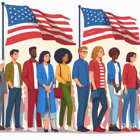 Group of people with American flag. Vector illustration in cartoon style.の素材