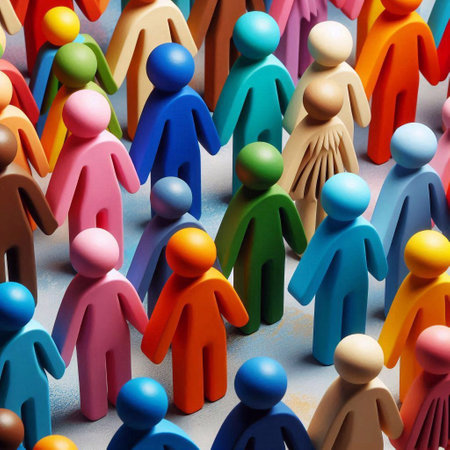 Colorful plasticine figures on blue background. Social problem concept.の素材