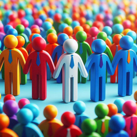 Teamwork concept. Group of colorful people figures standing together in a circleの素材