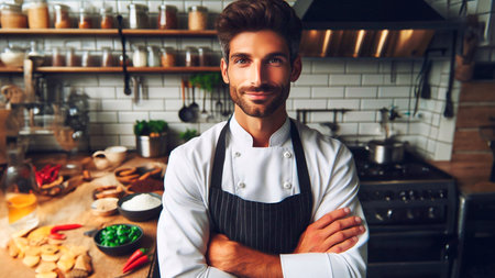 Handsome young man in apron standing with crossed arms in the kitchen.の素材