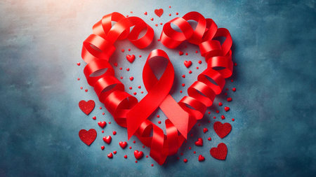 Red ribbon in the shape of a heart on a blue background. World AIDS Day concept.の素材