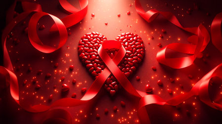 Valentine's Day background with red hearts and ribbon. 3d renderingの素材