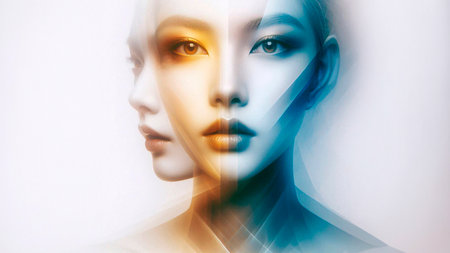 Double exposure portrait of a beautiful woman's face. 3d renderingの素材