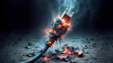 Burning electric cable on dark background. Mixed media. Mixed mediaの素材