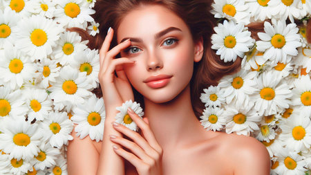 Beautiful young woman with chamomile flowers. Spa.の素材
