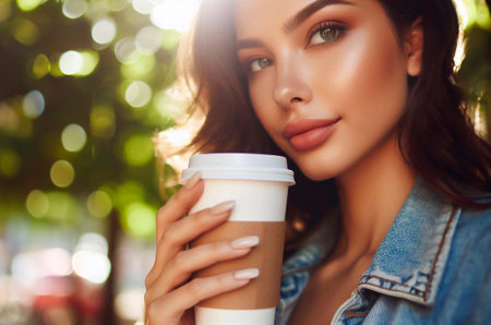 fashion outdoor photo of beautiful sensual woman with dark hair in casual clothes posing with paper cup of coffeeの素材