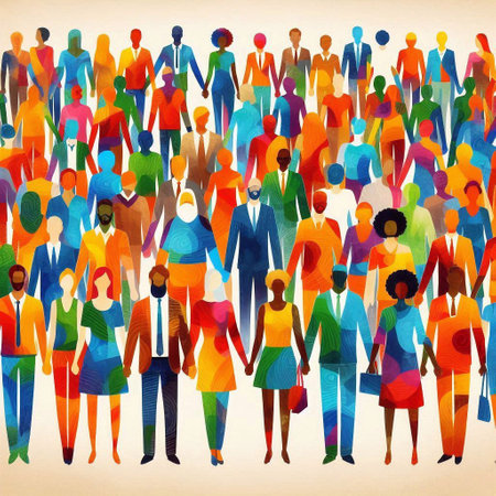 Large group of people. Multicolored background. Illustration.の素材