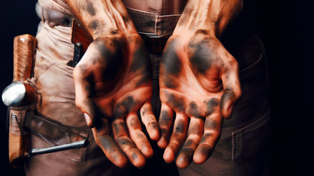 Hands of a man in a gas mask on a black backgroundの素材