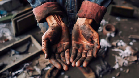 Hands of homeless man with dirty hands. Homelessness concept.の素材