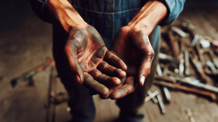 Close up of hands of blacksmith working with tools on wooden backgroundの素材