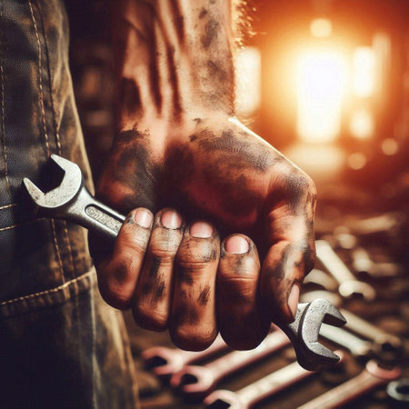Hands of a mechanic holding a wrench in his hands. Close-up.の素材