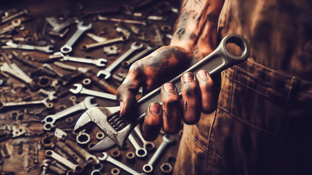 A closeup shot of a male mechanic holding a wrench in his handの素材
